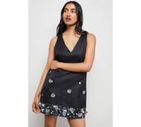 Warehouse Embellished Heavy Satin Plunge Neck Mini Dress In Black black 14