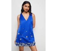 Warehouse Embellished Heavy Satin Plunge Neck Mini Dress In Cobalt cobalt 10