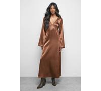 Warehouse Embroidered Satin Plunge Neck Flare Sleeve Midi Dress In Burgundy burgundy 10