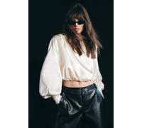 Warehouse Extreme Shoulder Draped Satin Blouse In Cream cream 8