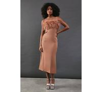 Warehouse Feather Detail Diamante Strap Bandeau Midi Dress In Tan tan 8
