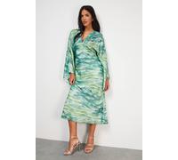 Warehouse Flare Sleeve Plunge Satin Midi Dress In Green green 6