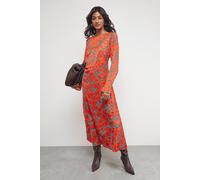 Warehouse Floral Crinkle Satin Bias Button Side Midi Dress In Orange orange 12