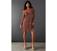 Warehouse Hand Embellished Sequin Fringe Yoke Mini Dress In Bronze bronze 8