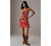 Warehouse Hand Embellished Sequin Structured Bandeau Drop Hem Mini Dress In Coral coral 12