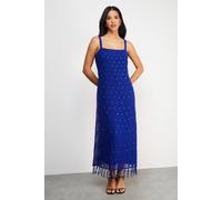 Warehouse Hand Embellished Strappy Sequin Fringe Hem Midi Dress In Cobalt cobalt 12