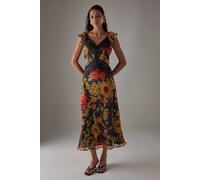 Warehouse Hcd Chiffon Lace Insert Frill Sleeve Midi Dress In Floral floral 10