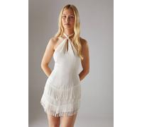 Warehouse Hen Satin Crinkle Fringe Knot Halter Mini Dress In Ivory ivory 10