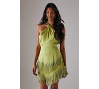 Warehouse Hen Satin Crinkle Fringe Knot Halter Mini Dress In Olive olive 16