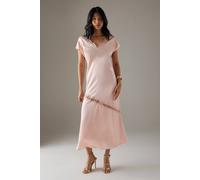 Warehouse High Shine Satin Grown On Sleeve Lace Midi Tea Dress In Peach peach 8