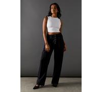 Warehouse High Waisted Button Fly Seam Detail Dad Jeans In Washed Black washed black