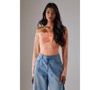 Warehouse Lace Bardot Bow Detail Bodysuit In Peach peach 12