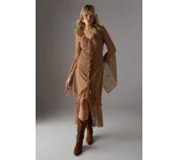 Warehouse Lace Button Through Ruffle Maxi Dress In Tan tan 6