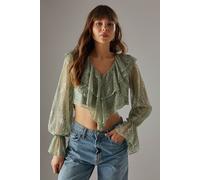 Warehouse Women's Lace Double Ruffle Blouson Blouse in Khaki | Size: 12 Warehouse Khaki 12