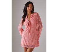 Warehouse Lace Tie Front Flare Sleeve Mini Dress In Pink pink 12