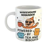Warehouse Manager Powered by Tea and Biscuits Funny Gift Mug for Retirement Parties, Birthdays, Fathers, Uncles, Appreciation Gifts