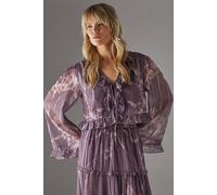 Warehouse Women's Metallic Chiffon Ruffle Tie Front Flared Sleeve Blouse in Mauve | Size: 8 Warehouse Mauve 8