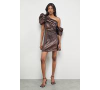 Warehouse Metallic Jacquard Fallen Shoulder Mini Dress In Chocolate chocolate 12