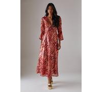 Warehouse Metallic Jacquard Ruched Sleeve Plunge Neck Bias Midi Dress In Floral floral 12