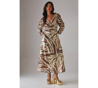 Metallic Jacquard Ruched Sleeve Plunge Neck Bias Midi Dress Warehouse Zebra 10