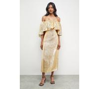 Warehouse Metallic Jacquard Volume Bardot Midi Dress In Gold gold