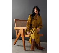 Warehouse Metallic Shadow Stripe Tie Neck Button Side Wrap Midi Dress In Chartreuse chartreuse 8