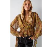 Warehouse Paisley Print V Neck Pleat Hem Chiffon Blouse In Lime lime 8
