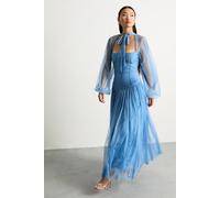 Warehouse Women's Petite Bow Detail Gathered Tulle Maxi Dress with Open Neck in Blue | Size: 14 Warehouse Blue 14
