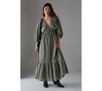 Petite Broderie Plunge Neck Volume Sleeve Smock Midi Dress Warehouse Khaki 10