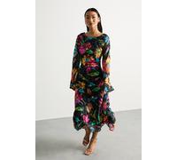 Warehouse Women's Petite Burnout Floral Chiffon Slash Neck Bias Midi Dress in Black | Size: 6 Warehouse Black 6