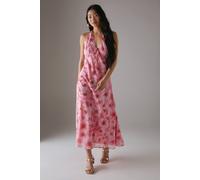 Petite Chiffon Bias Tie Front Low Back Halter Midi Dress Warehouse Pink 12