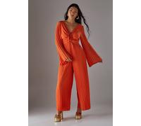 Warehouse Petite Chiffon Pleated Keyhole Flared Sleeve Jumpsuit In Orange orange 6