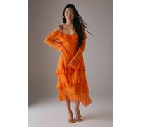 Petite Chiffon Ruffle Cold Shoulder Midi Dress Warehouse Orange 6