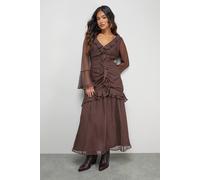 Warehouse Petite Chiffon Ruffle Gathered Bodice Midi Dress In Chocolate chocolate