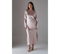 Warehouse Petite Crinkle Satin Bias Tie Sleeve Midi Dress In Pale Pink pale pink 8