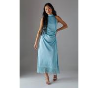 Warehouse Petite Crinkle Satin Halter Fringe Midi Dress In Blue blue 12