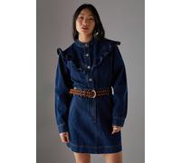 Warehouse Petite Denim Frill Yoke Relaxed Mini Shirt Dress In Dark Wash dark wash 4