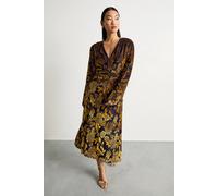 Warehouse Petite Devore Plunge Neck Knot Waist Balloon Sleeve Midi Dress In Navy navy 8