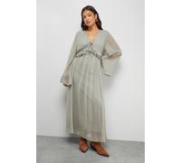 Warehouse Petite Dobby Chiffon Plunge Neck Ruffle Midi Smock Dress In Khaki khaki 4