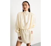 Warehouse Women's Petite Extreme Shoulder Draped Satin Mini Dress in Cream | Size: 12 Warehouse Cream 12