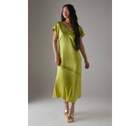 Warehouse Petite High Shine Satin Grown On Sleeve Lace Midi Tea Dress In Chartreuse chartreuse 12