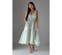 Warehouse Petite Jacquard Plunge Tie Pocket Midi Dress In Sage sage 10