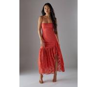 Warehouse Petite Lace Strappy Drop Waist Ruffle Midi Dress In Coral coral 6