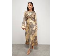 Warehouse Petite Metallic Marble Twist Front Bias Midi Dress In Taupe taupe