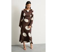 Warehouse Petite Polka Dot Scoop Back Long Sleeve Maxi Dress In Brown brown 6