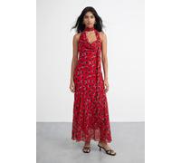 Warehouse Petite Premium Polka Dot Tie Neck Cowl Dress In Red red