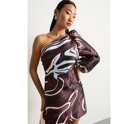 Warehouse Petite Printed One Shoulder Puff Sleeve Mini Dress In Brown brown 10