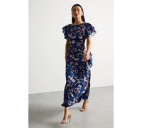 Warehouse Petite Printed Side Split Ruffle Detail Maxi Dress In Blue blue 8
