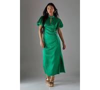 Warehouse Petite Rose Satin Jacquard Puff Sleeve Tie Back Midi Dress In Bright Green bright green 8