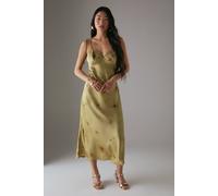 Warehouse Petite Rose Satin Tie Strap Lace Detail Midi Slip Dress In Yellow yellow 16